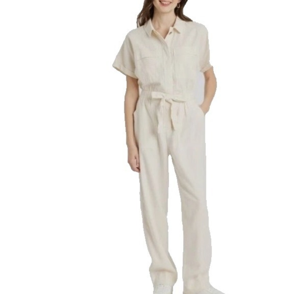 Women's Universal‎ Thread Size 8 Short Sleeve Button Down Boiler Jumpsuit Cream